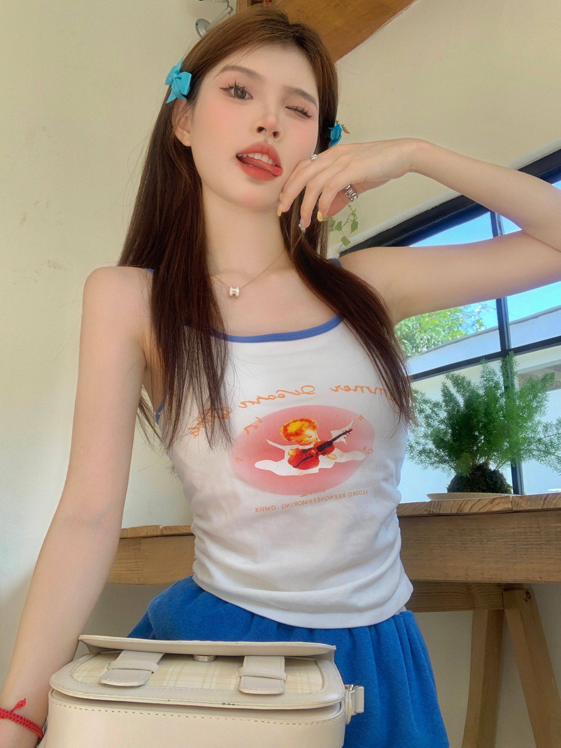 Real shot spring autumn summer bottoming shirt sleeveless camisole hot girl color matching pure desire little angel short top