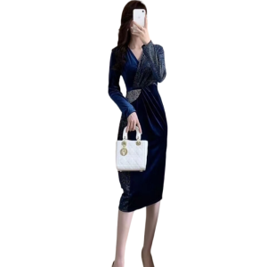 RM23761#名媛风V领丝绒长袖超修身中长裙气质优雅拼接连衣裙