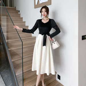 RM22559#新款法式茶歇法式拼接假两件小个子系带连衣裙