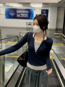 RM25614#韩系假两件设计感小众修身显瘦短款早秋新款百搭上衣女
