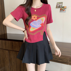 RM20841#大码女装2023夏季新款不规则侧边糖果色彩虹短袖上衣
