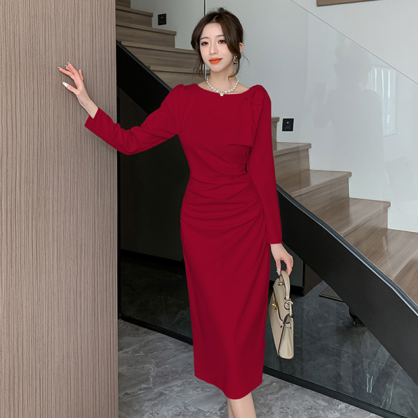RM21536#新款法式赫本风高级修身显瘦气质蝴蝶结长款连衣裙