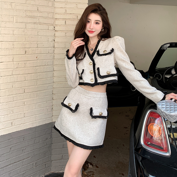 RM25464#新款时尚名媛气质小香风流苏西装外套+半身裙高级感套装