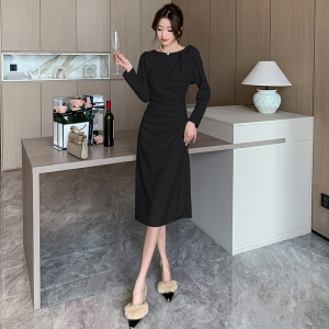 RM21536#新款法式赫本风高级修身显瘦气质蝴蝶结长款连衣裙