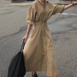 RM20763#长款棉麻收腰连衣裙翻领衬衫