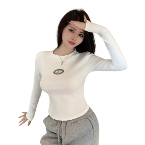 RM21130#简约设计感弧形短款T恤女秋季新款辣妹上衣长短袖打底衫纯棉