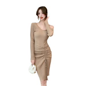 Off Shoulder Drawstring Split Wrap Hip Mid length Underlay Wool Dress