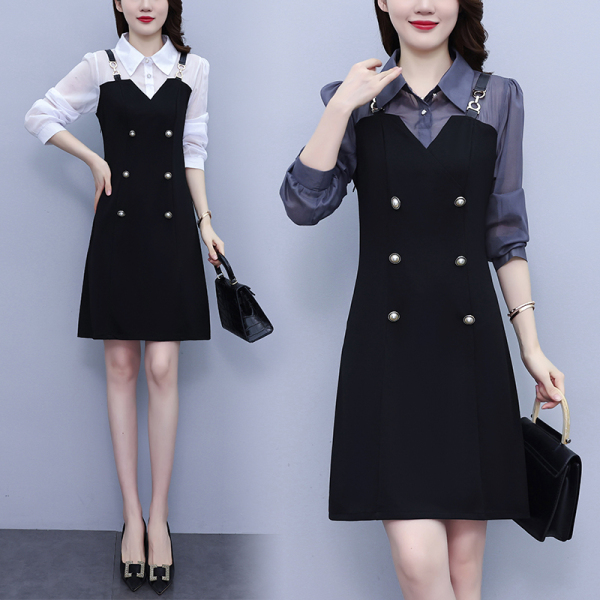 RM21367#大码女装2023秋季新款韩版修身显瘦气质小香风假两件连衣裙
