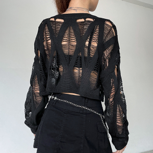 CX10693# 最便宜服饰批发 小众设计破洞感夏季防晒长袖上衣暗黑性感镂空针织罩衫女