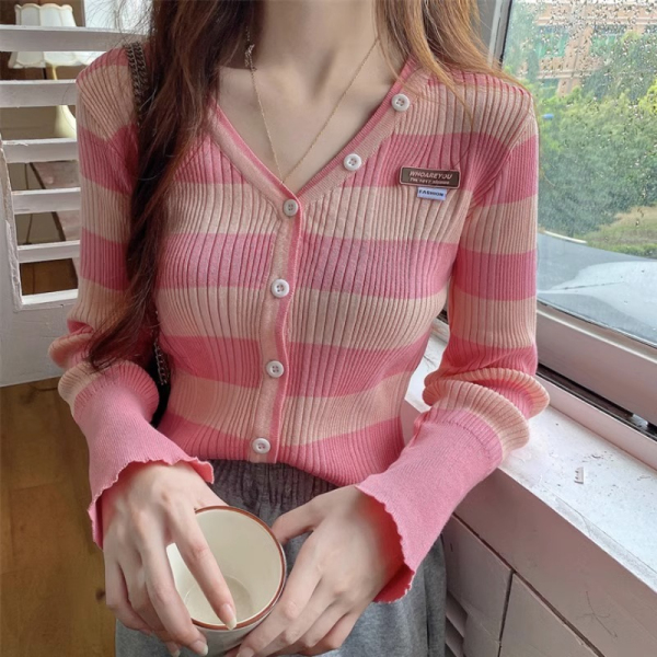 RM21107#新款开衫设计感别致纯欲性感辣妹长袖显瘦韩版条纹针织上衣