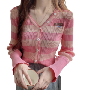 RM21107#新款开衫设计感别致纯欲性感辣妹长袖显瘦韩版条纹针织上衣