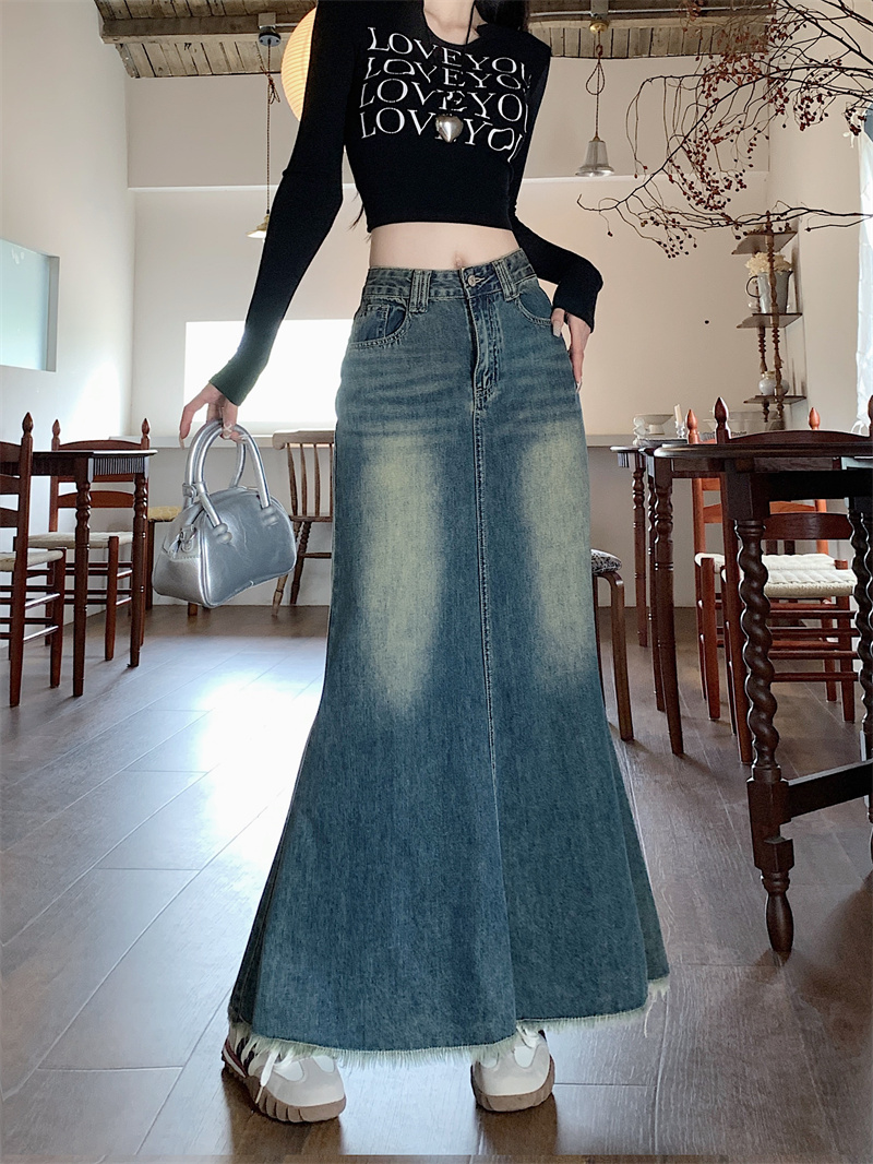 复古做旧半身裙牛仔裙女秋季设计感小众毛边鱼尾裙中长款裙子