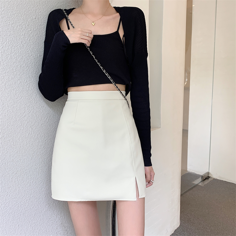 ~Black PU leather skirt women's autumn slit anti-light skirt high waist hot girl bag hip one step skirt