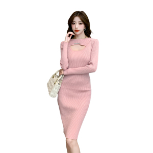 Round neck hollowed out wrap buttocks mid length over knee bottom woolen dress