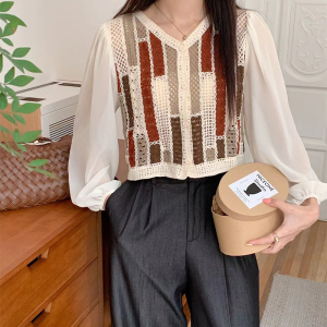 TR49283# 针织拼接泡泡袖衬衫女设计感夏季新款法式温柔风别致上衣 服装批发女装批发服饰货源