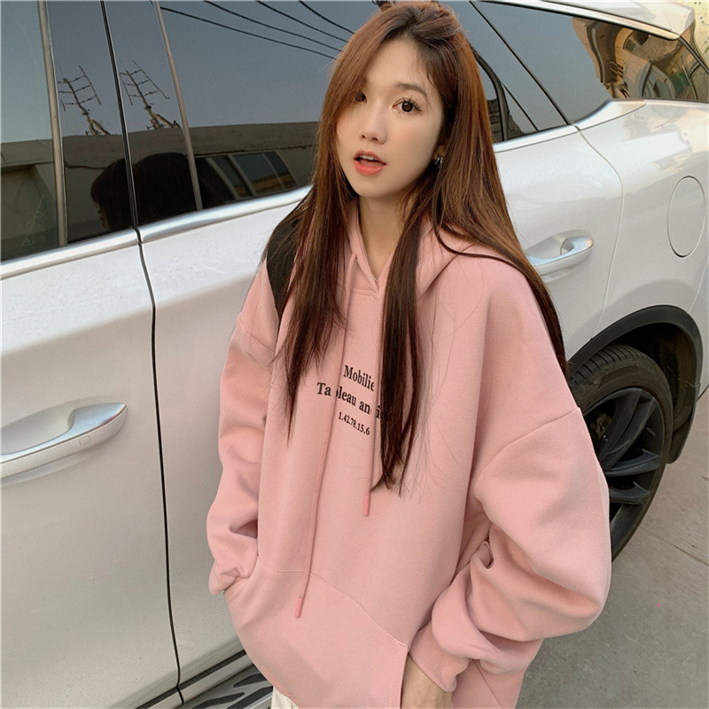 Plus velvet thick letter printing pink hooded sweater women's new loose bf lazy wind pullover long-sleeved top