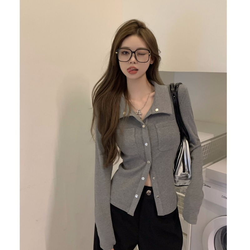 T-shirt women's spring and autumn short niche design slim hot girl polo shirt white tight long-sleeved cardigan top
