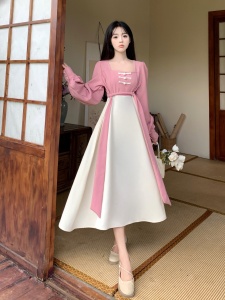 RM22915#新款甜美粉杏撞色复古连衣裙新中式汉服气质显瘦日常裙子