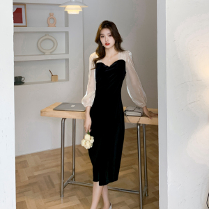 RM21182#新款女装法式浪漫方领裙子亮丝拼接长袖连衣裙