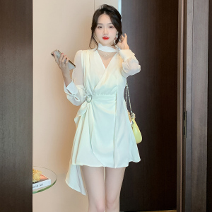RM21185#新款法式优雅纯色V领不规则裙子长袖雪纺连衣裙女