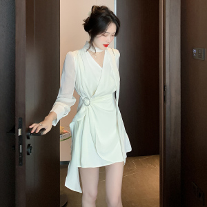 RM21185#新款法式优雅纯色V领不规则裙子长袖雪纺连衣裙女
