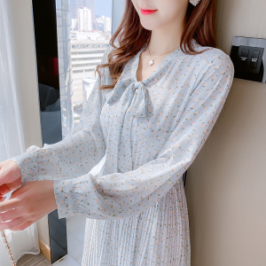 RM21229#韩版小清新甜美超修身荷叶边裙V领雪纺中长裙连衣裙