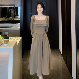 RM21183#新款女装法式优雅方领纯色裙子长袖连衣裙女