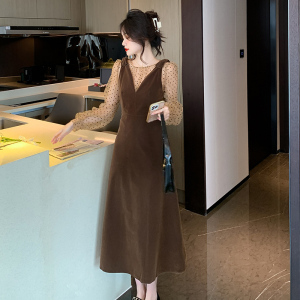 RM21188#新款法式优雅植绒波点网纱上衣+背带裙两件套连衣裙