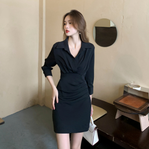 RM21186#新款女装法式桔梗纯色衬衫裙子褶皱长袖连衣裙女