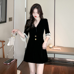 RM21190#新款法式优雅V领蕾丝拼接小黑裙长袖连衣裙女