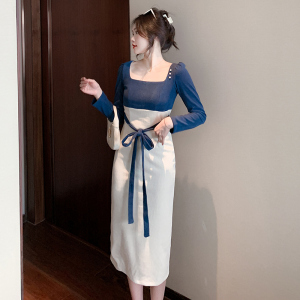 RM21189#新款法式复古方领拼接裙子长袖连衣裙女