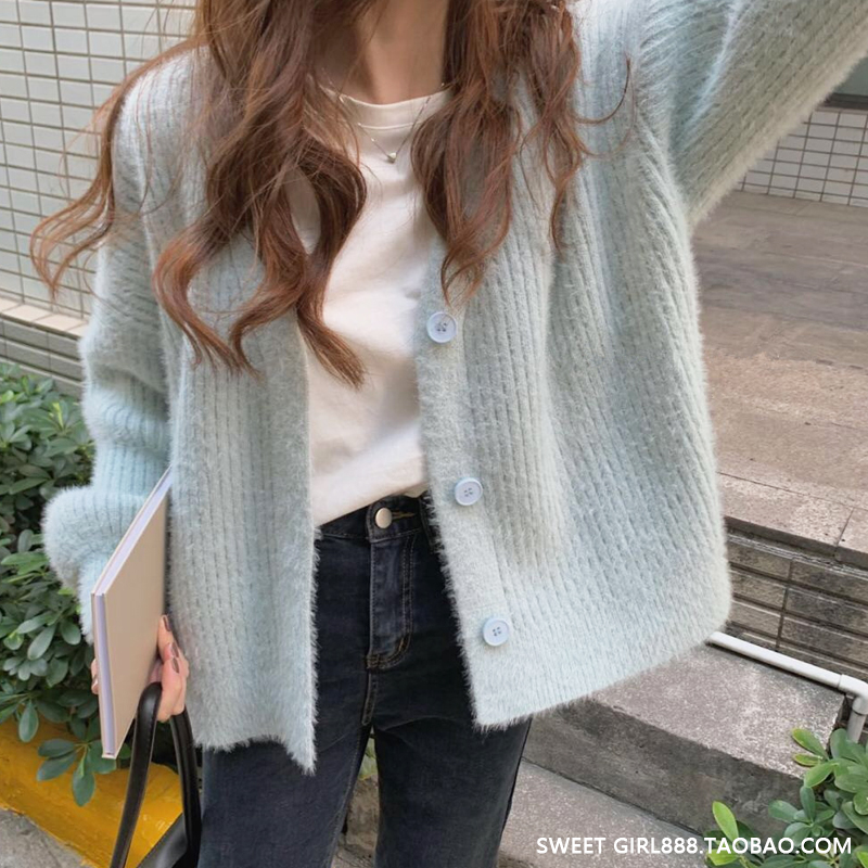 Sweater Korean version gentle wind lantern sleeve mink velvet solid color foreign style thickened V-neck loose knitted cardigan jacket female