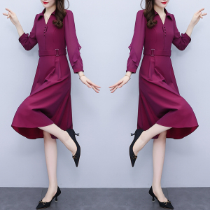 RM21779#女装新款连衣裙幻彩气质长袖POLO领收腰洋气连衣裙
