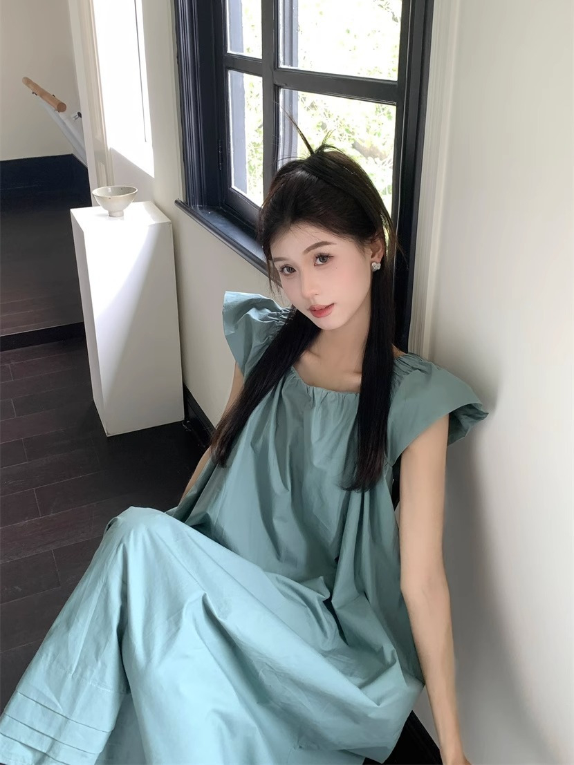 Korean version of Feifei sleeve blue mid-length dress summer 2023 new French style loose casual skirt