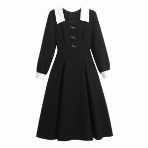 RM22616#新款长袖黑色气质通勤连衣裙女秋季长款收腰显瘦a字裙子