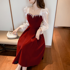 TR56029# 新款新娘酒红色秋季平时可穿纱袖订婚连衣裙出阁宴礼服 服装批发女装批发服饰货源