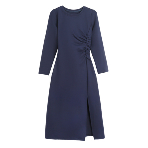 RM22614#藏青色连衣裙2023秋装新款收腰显瘦气质女神范长袖开叉裙