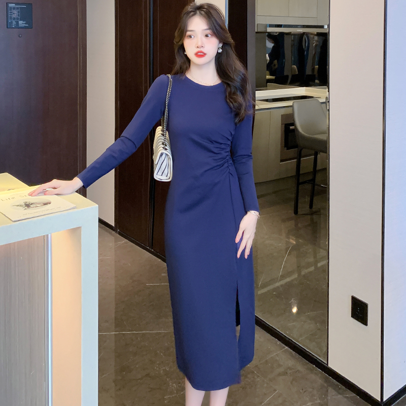 實拍藏青色連衣裙2025秋裝新款收腰顯瘦氣質女神范長袖開叉裙