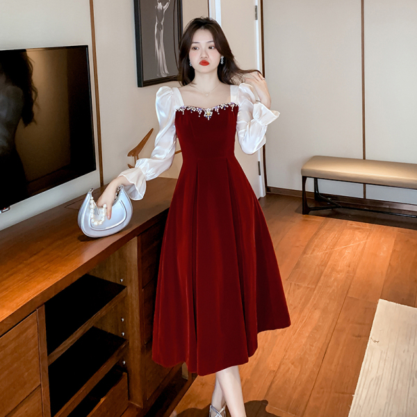 RM21425#新款新娘酒红色秋季平时可穿纱袖订婚连衣裙出阁宴礼服