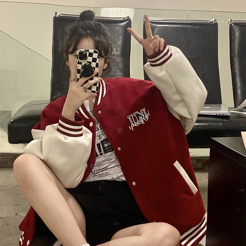 Towel embroidered + double-screw baseball jacket women plus velvet winter ins tide Korean version of the all-match jacket bf lazy wind couple