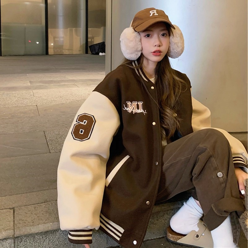 Towel embroidered + double-screw baseball jacket women plus velvet winter ins tide Korean version of the all-match jacket bf lazy wind couple