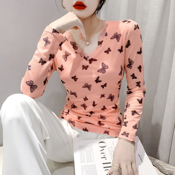 RM23858#时尚纱网印花长袖V领T恤修身显瘦打底衫上衣潮