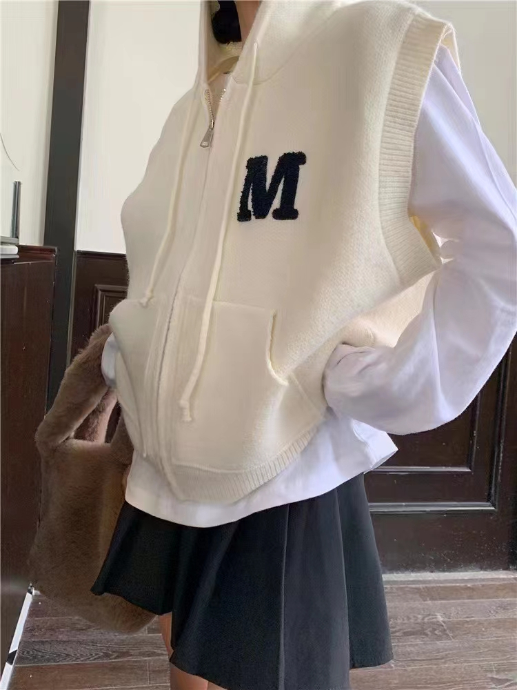 Autumn new Korean style M letter niche hooded zipper casual knitted vest sleeveless vest top women