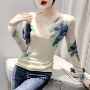 RM23857#时尚纱网印花定位花长袖V领T恤修身显瘦洋气上衣潮
