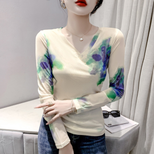 RM23857#时尚纱网印花定位花长袖V领T恤修身显瘦洋气上衣潮