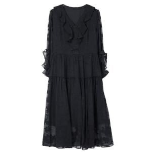 RM21422#新款高档提花黑色气质长袖减龄防晒中长款连衣裙女