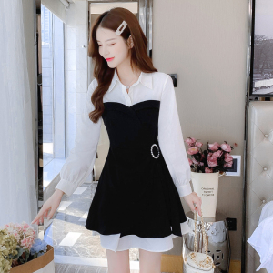 TR49388# 秋季新款拼接衬衣假两件修身甜美时尚小香风气质连衣裙  服装批发女装批发服饰货源