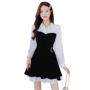 TR49388# 秋季新款拼接衬衣假两件修身甜美时尚小香风气质连衣裙  服装批发女装批发服饰货源