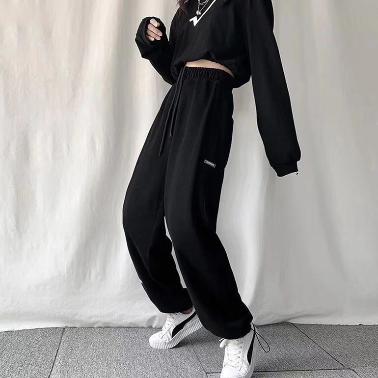 Dark gray spring and autumn sports pants with loose feet women's wide loose casual Korean version of all-match girls college style long pants