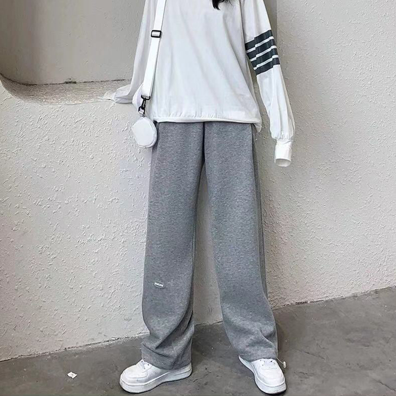 Dark gray spring and autumn sports pants with loose feet women's wide loose casual Korean version of all-match girls college style long pants